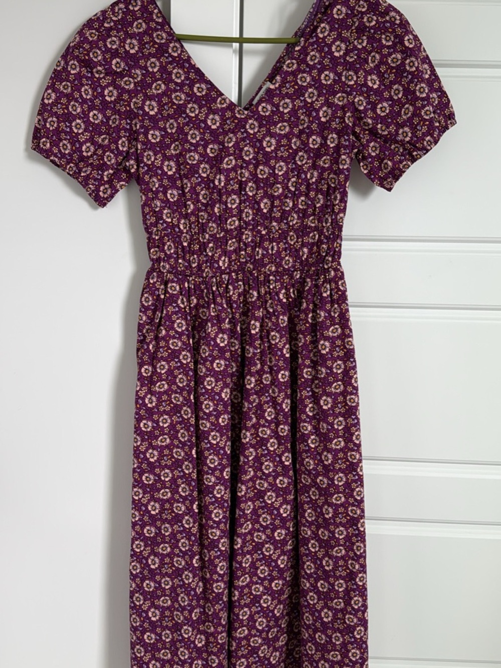 J. Crew Purple Floral V‑Neck Smocked Waist Midi Dress